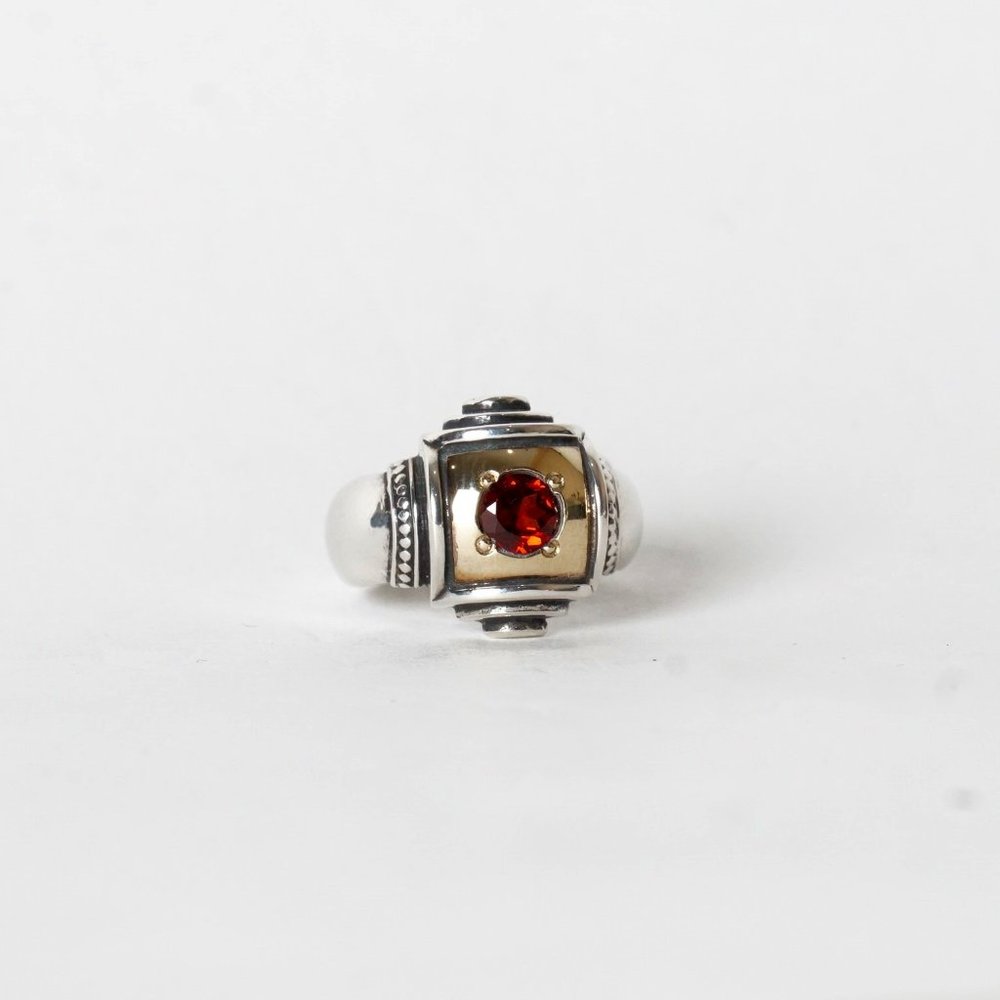 Designer Silver Ring with 14k Gold and Garnet